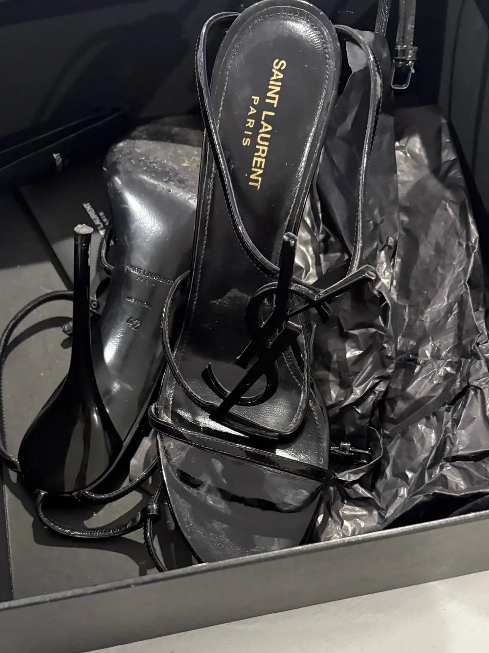 Saint Laurent Black Patent Logo Strappy Stiletto Sandals - Picture 2 of 4